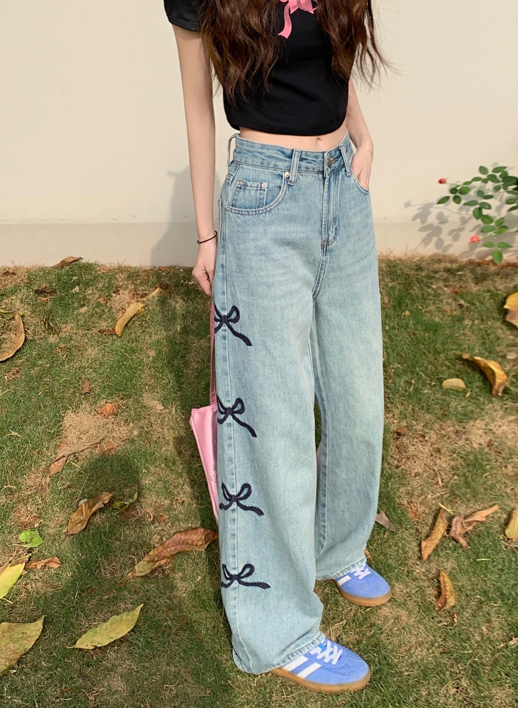 Women Butterfly Embroidered Jeans Wide-leg Pants