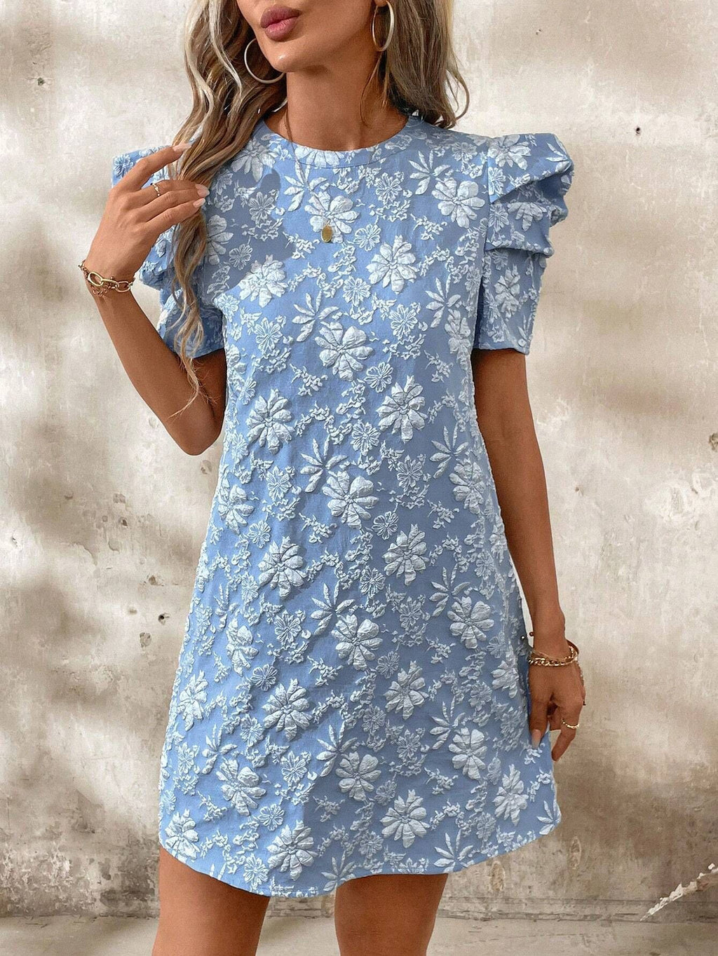 Ladies Puff Sleeve Texture Jacquard Round Neck Retro Style Dress