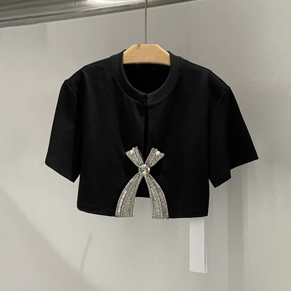Simple Rhinestone Bow Short Sleeve T-shirt For Women
