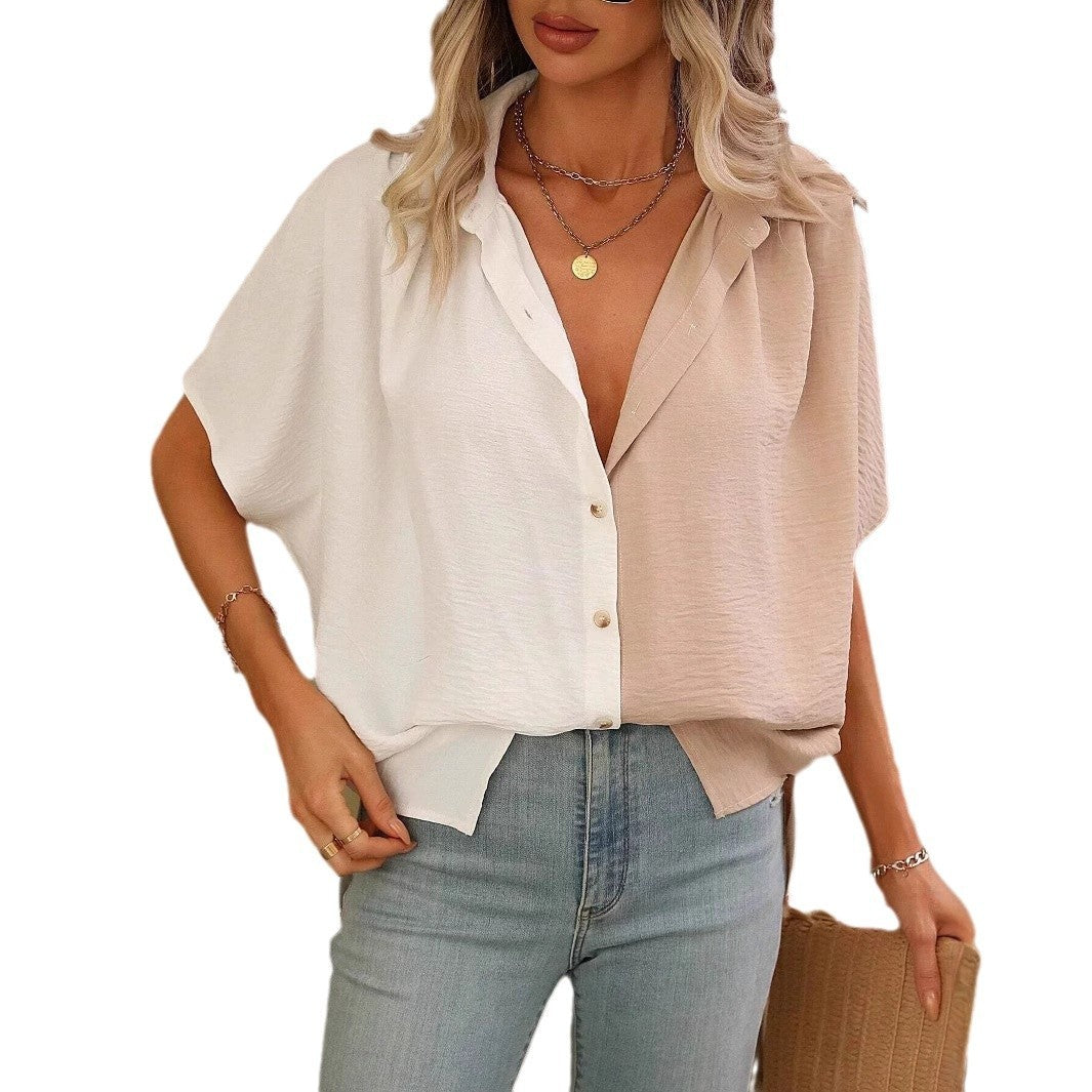 Design Single Breasted Loose Short Sleeve Split Shirt Top
