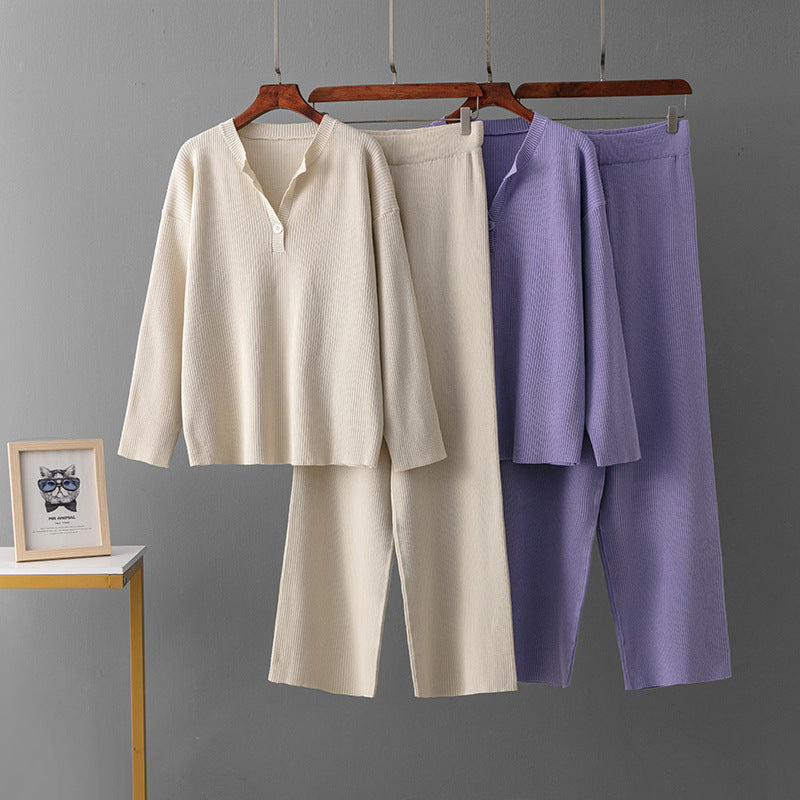 Loose Solid Color V-neck Knit Women's Suit