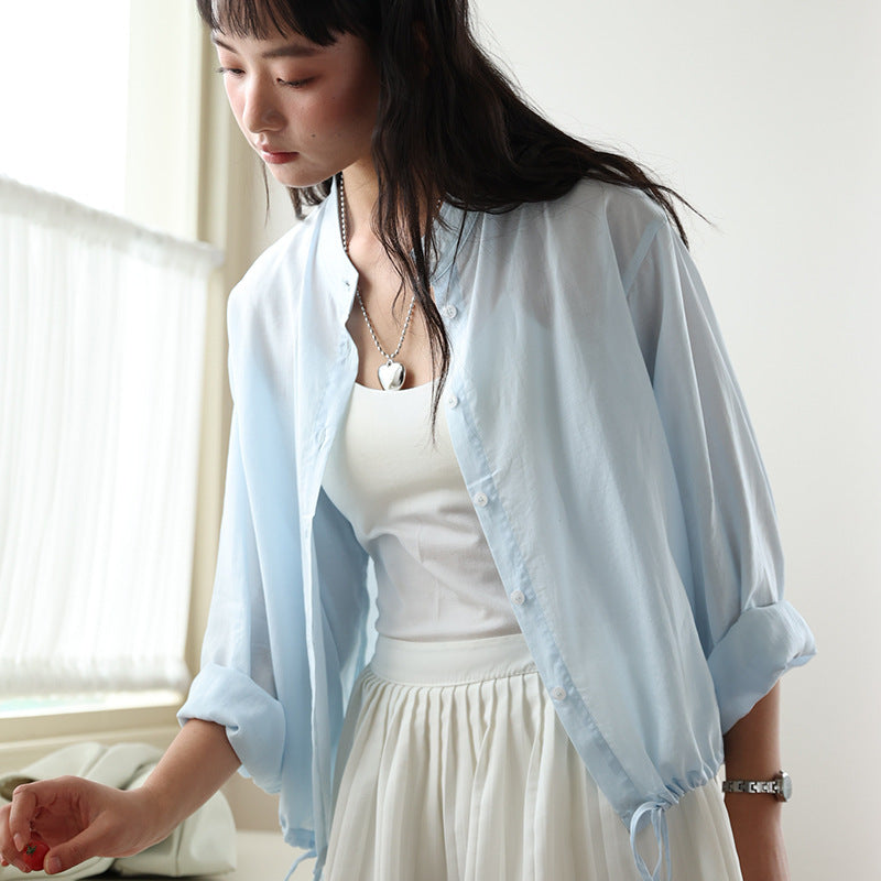 Linen Stand Collar Shirt Light Thin And Loose Button Top