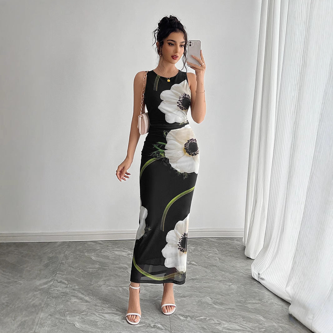 Women's Black Mesh Floral Print Sleeveless Dress Long Dress