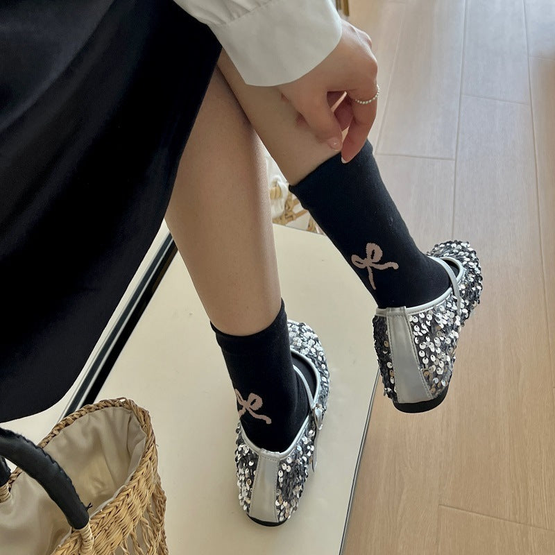 Japanese Style Simple Mid-calf Length Socks For Women Spring And Summer Heel Bow