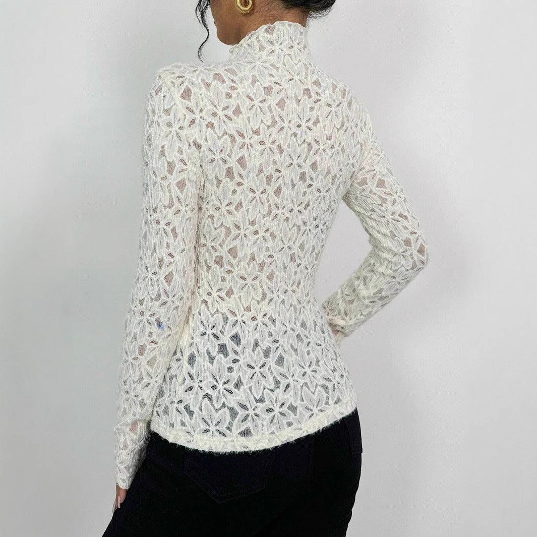 Ladies Wooden Ear Half Turtleneck Lace Slim T-shirt