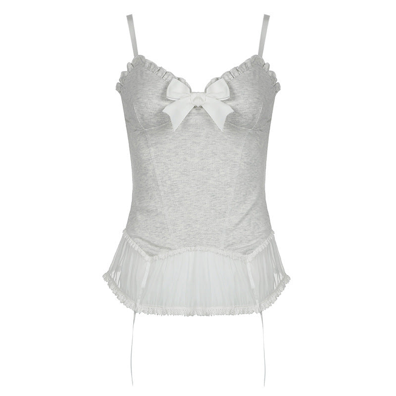Girl Slim Fit Waist-tight Pure Mesh Vest Pure Desire Wind Sexy Low-cut V-neck Pleated Lace Bow Suspenders