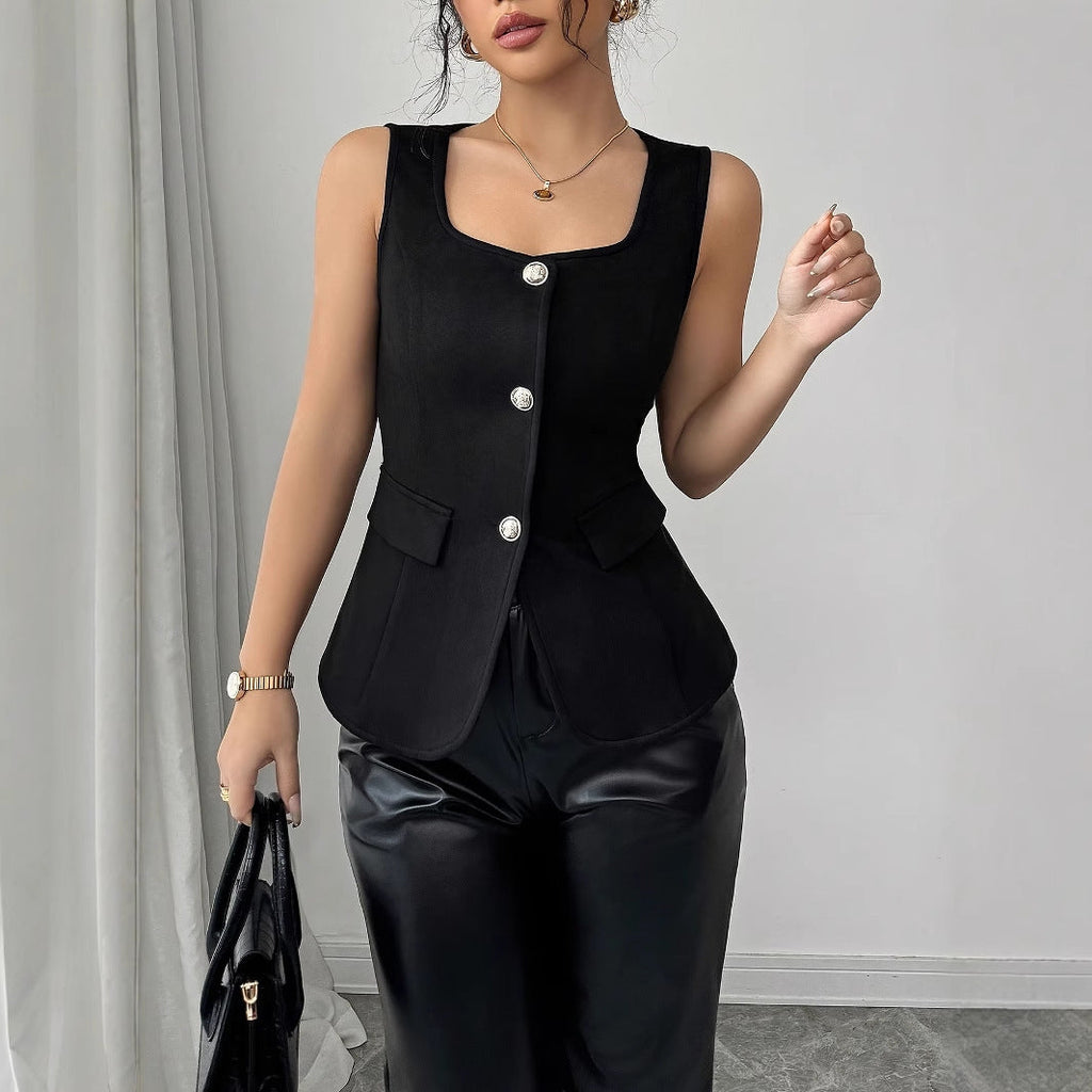 Fashionable Summer Solid Color Button Fake Pocket Square Neck Women's Slim Fit Vest