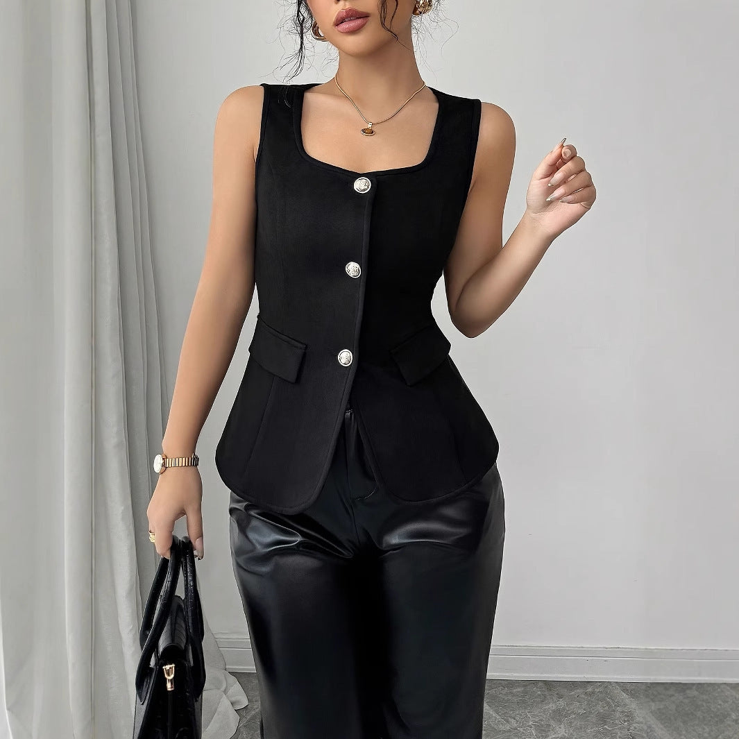 Fashionable Summer Solid Color Button Fake Pocket Square Neck Women's Slim Fit Vest