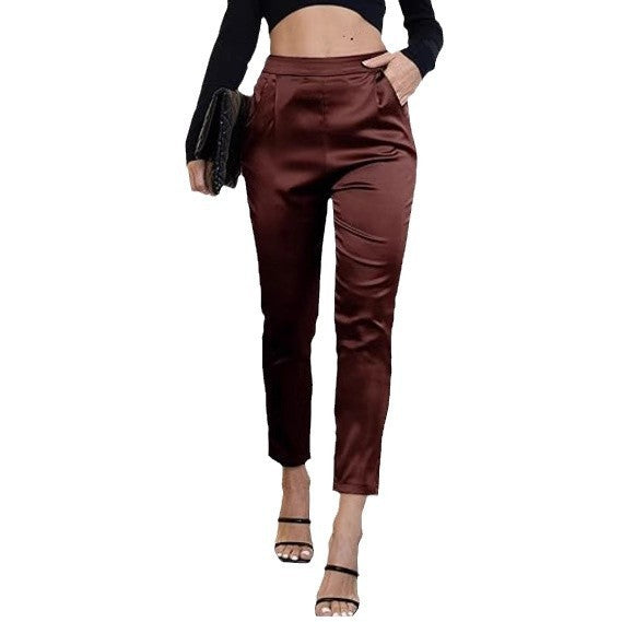 Women's Comfortable Pocket Straight High Waist Acetate Pants