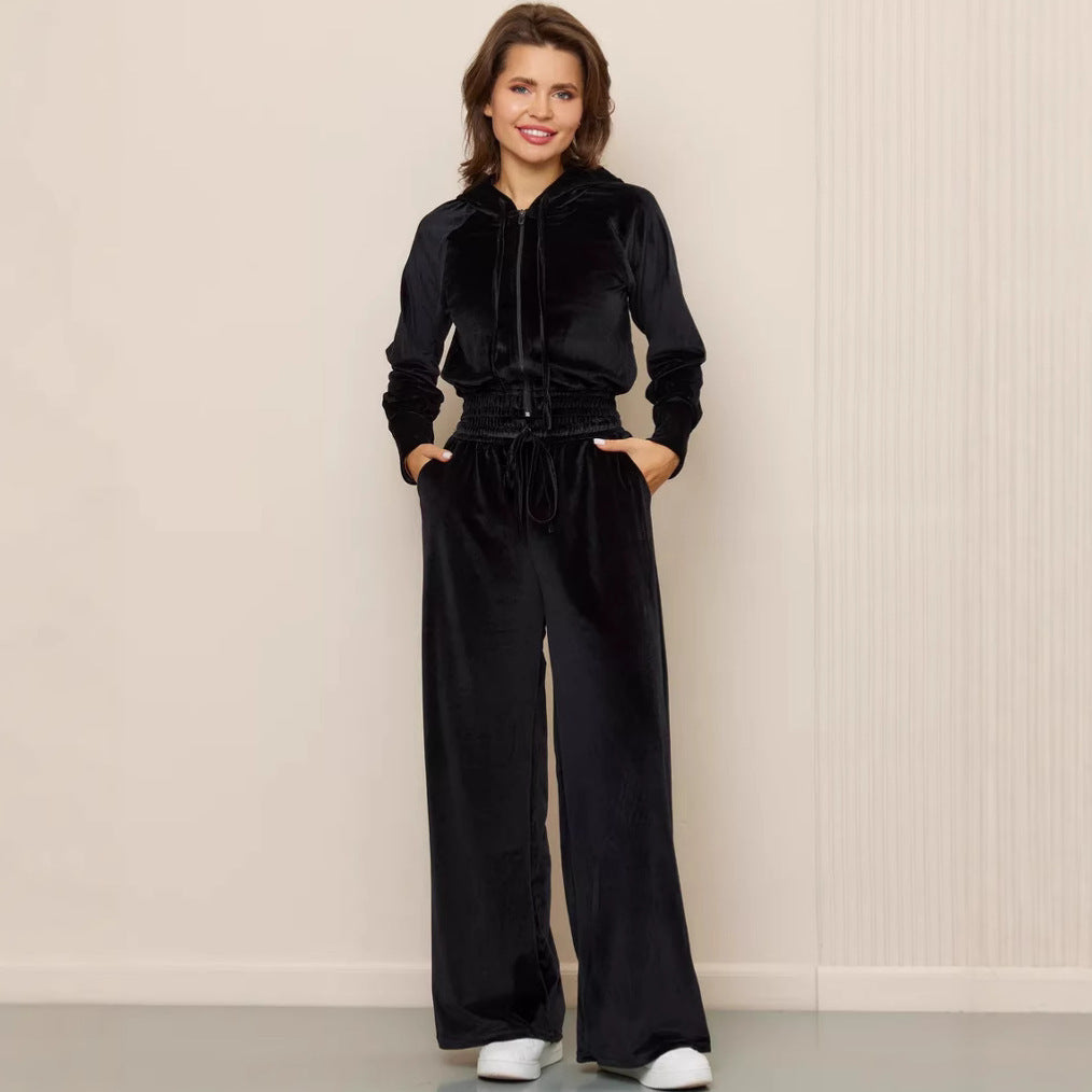 Zipper Cardigan Laced Pants Two-piece Set