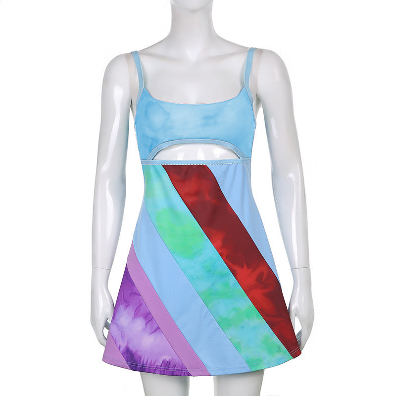 Sexy Y2K Aesthetic Patchwork Front Cut Out Stripe Spaghetti Strap Dress