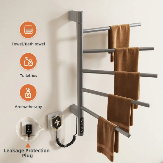 Electric Towel Warmer  Rotating Heated Towel Rack With 1 9H Timer  85W Wall Mounted 5 Bars Electric Towel Rail Concealed Installation Towel Warmer For Bathroom Black