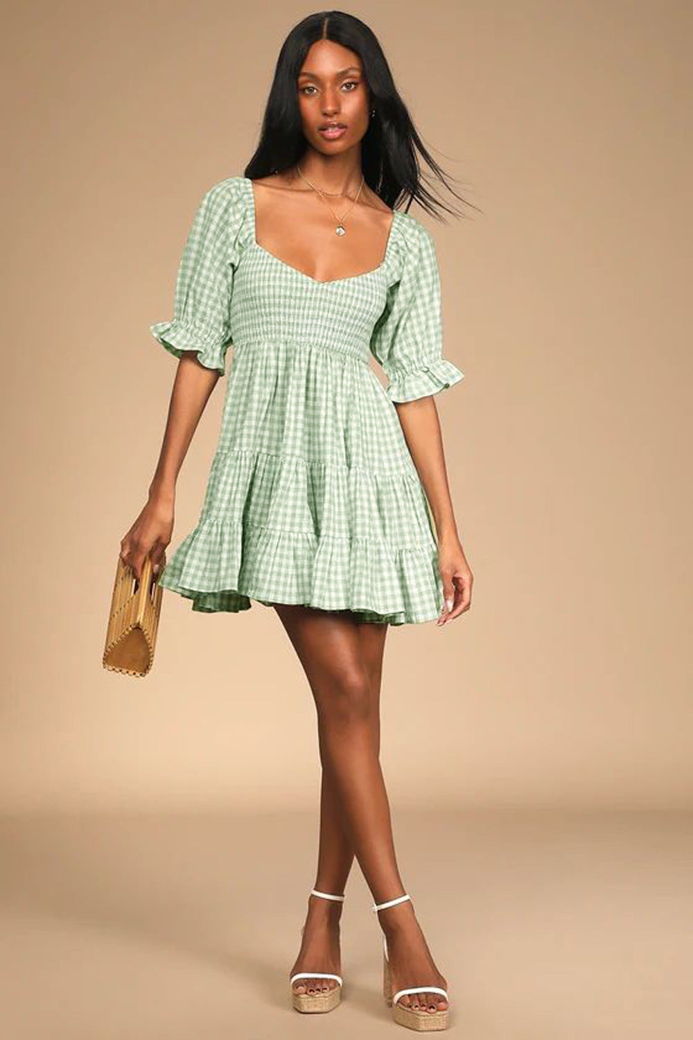 Square Collar Short Sleeve Plaid High Waist Dress