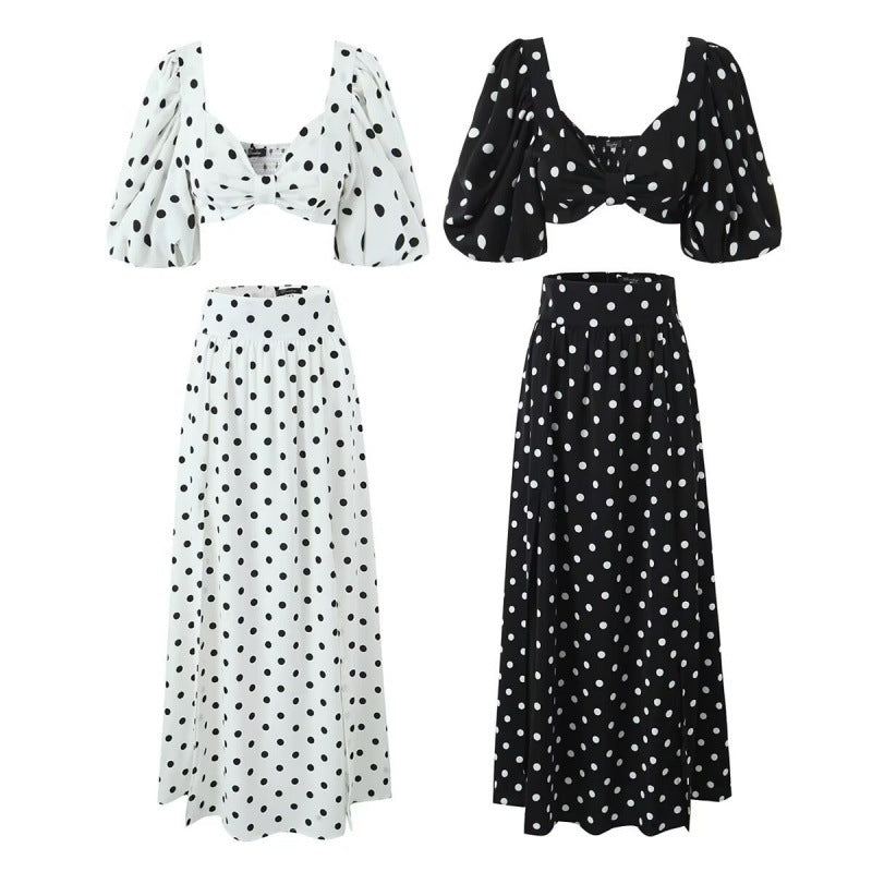 Sexy Polka Dot Split Top Mid-length Dress Set