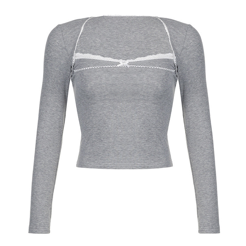 Lace Bow Square Collar Long Sleeve T-shirt