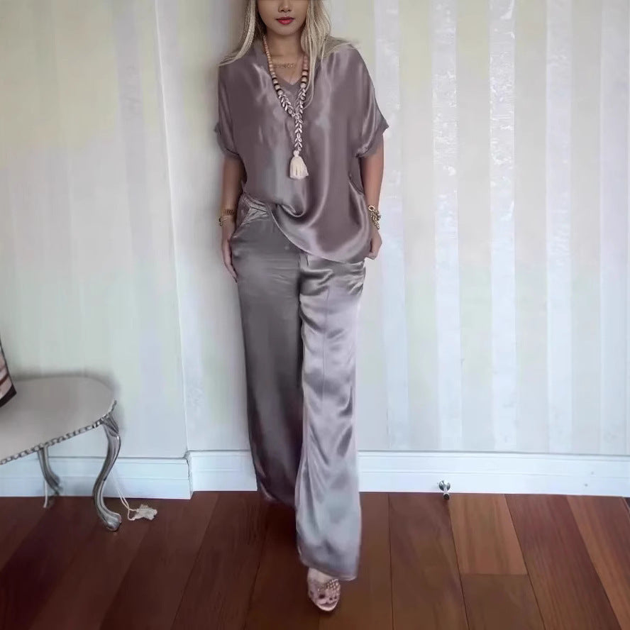Women's Comfortable V-neck Satin Short-sleeved Two-piece Suit