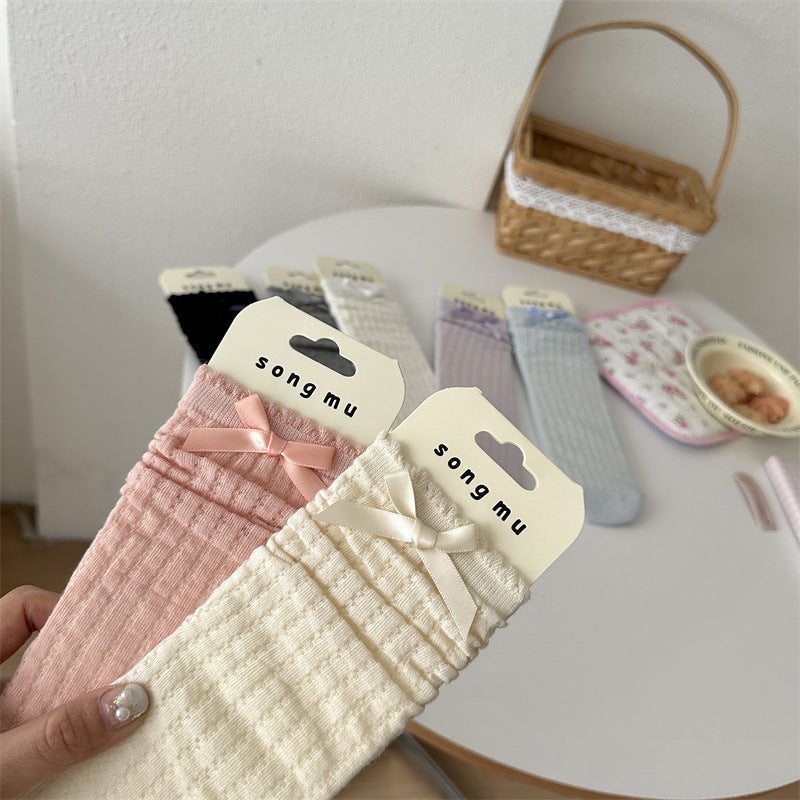 Thin Mesh Hollow Out Bow Mid-calf Length Loose Socks Breathable Sweat Absorbing
