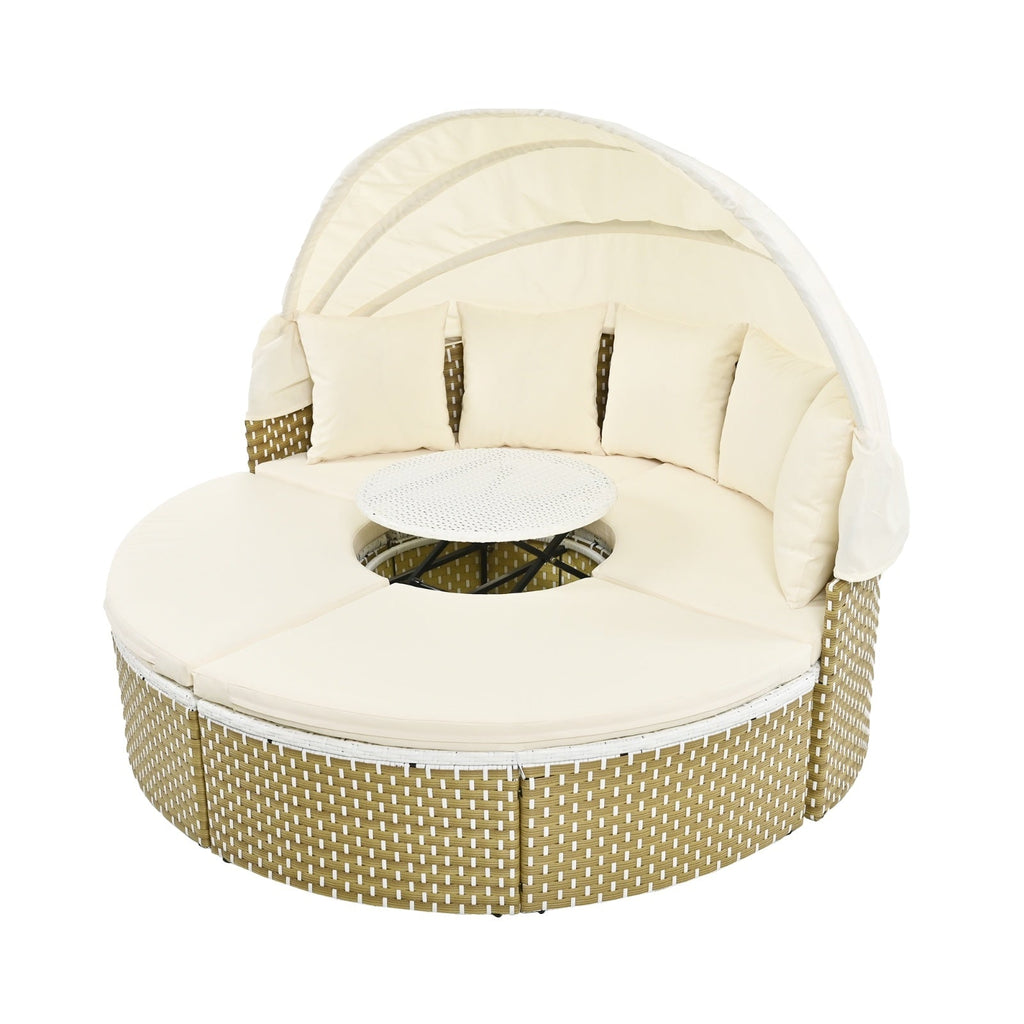 Patio Furniture Round Outdoor Sectional Sofa Set Rattan Daybed Two-Tone Weave Sunbed With Ret