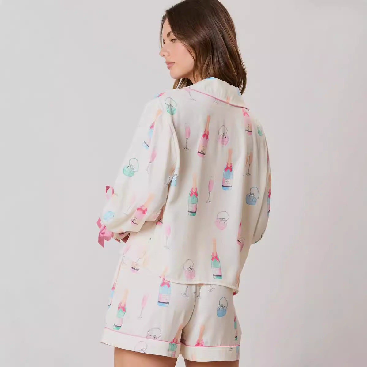 Women's Bow Long Sleeve Pajamas Shorts Suit