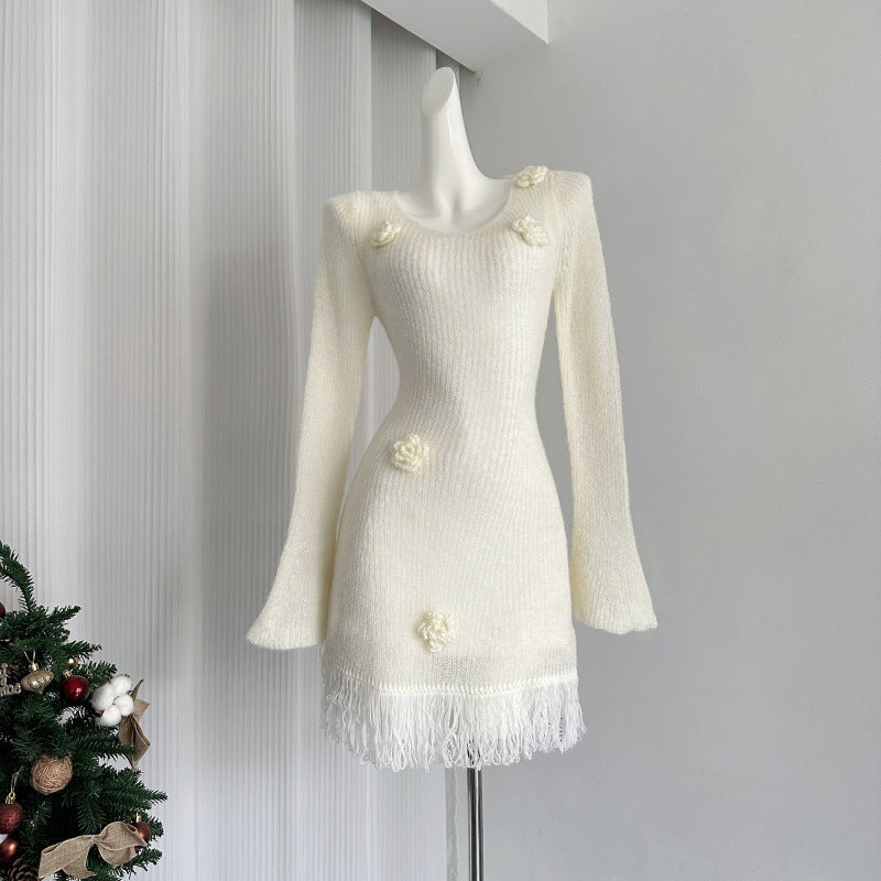 Women's Knitted Flower Bow Tie Dress