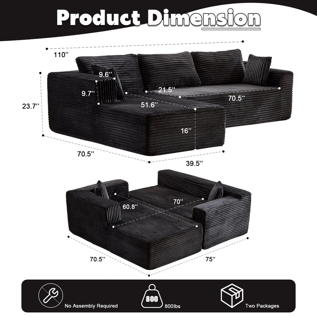 Compression Sectional Couch With Comfy Chaise, Boneless L Shape Sofa With Deep Seat, Minimalist Modular Couches Sleeper