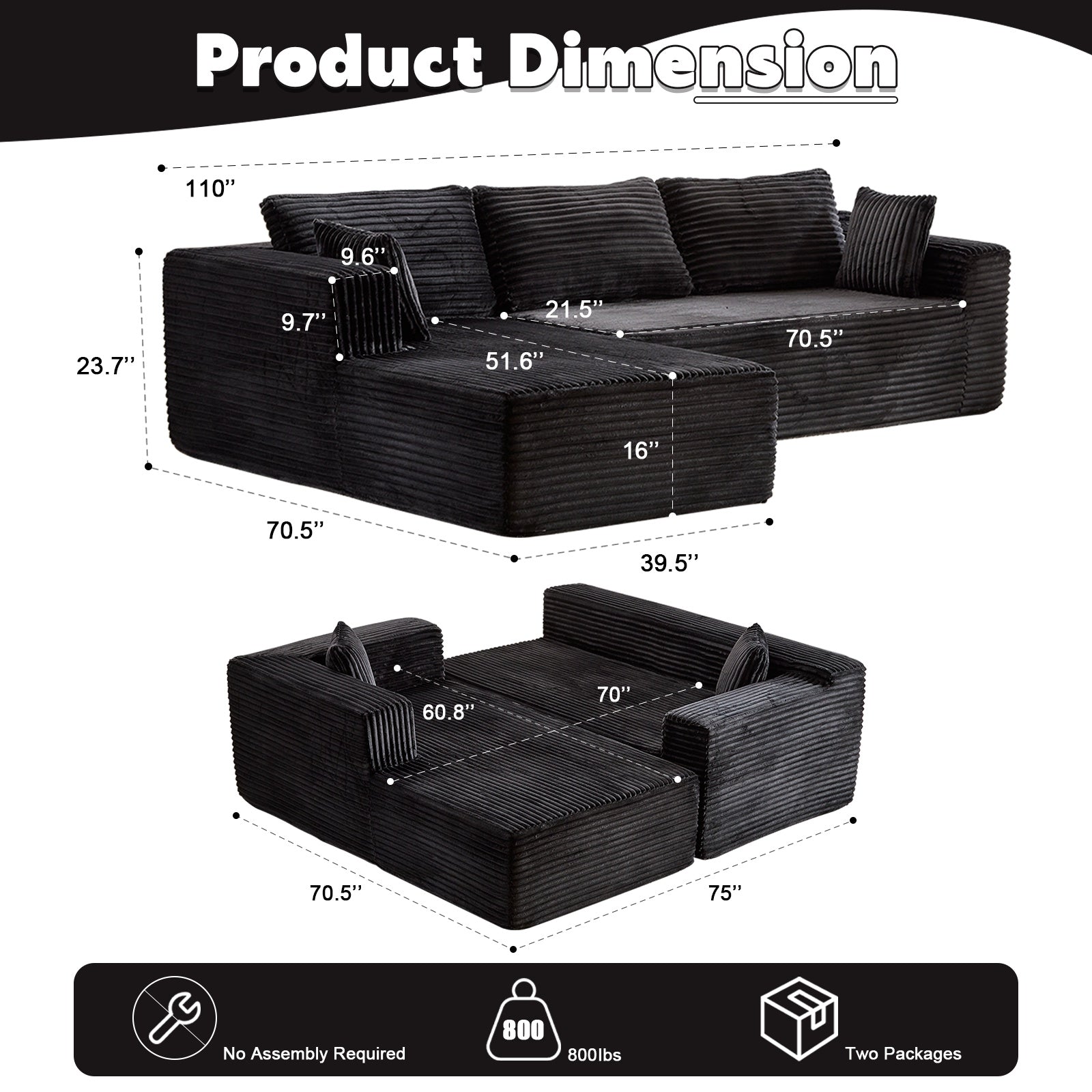Compression Sectional Couch With Comfy Chaise, Boneless L Shape Sofa With Deep Seat, Minimalist Modular Couches Sleeper