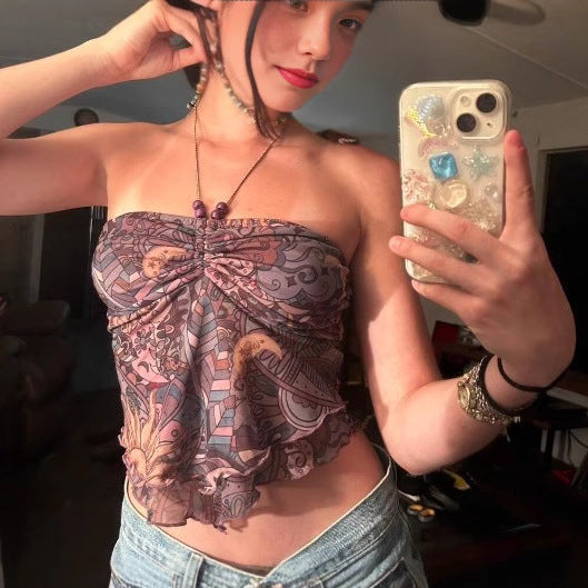 Women's Y2K Mesh SUNFLOWER Printed Irregular Vest Top