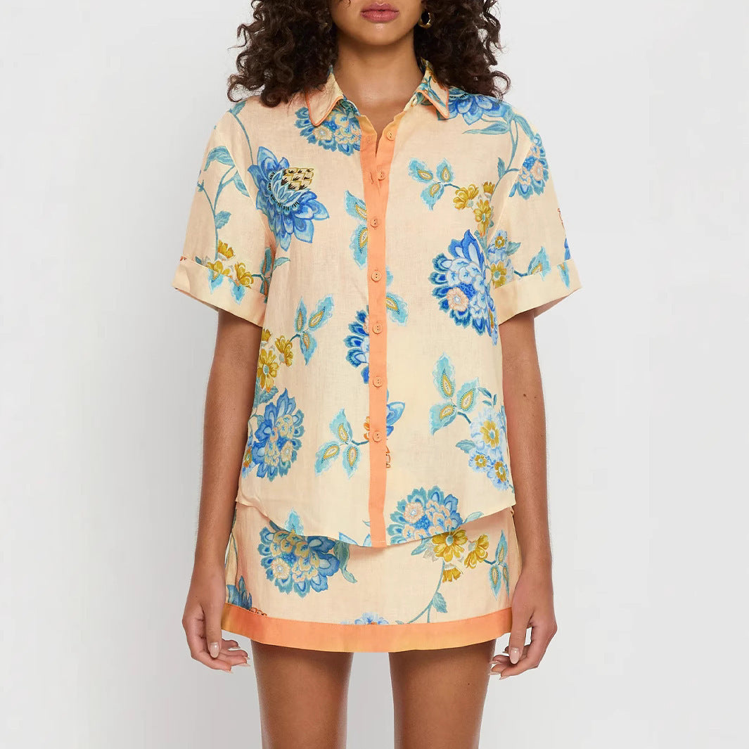Short Sleeve Shirt Printed Skirt Set