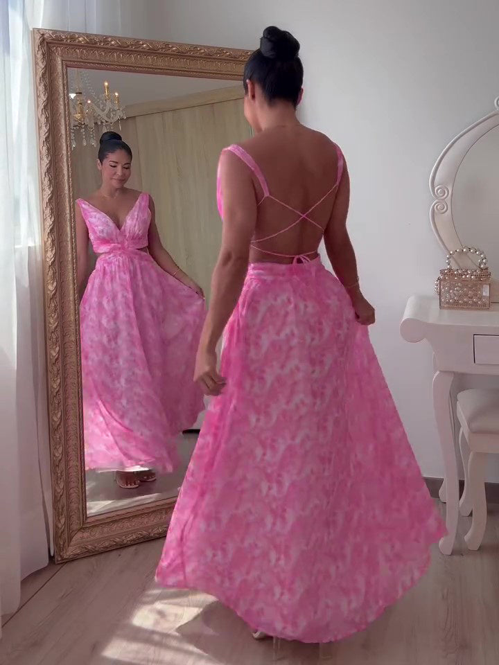 Pink  Print Backless Sleeveless Dress