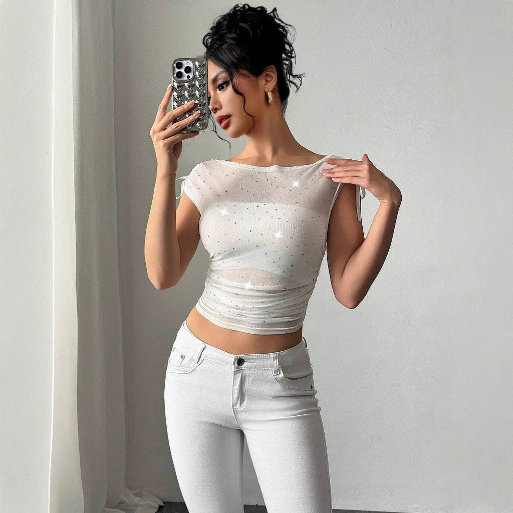 Sequined Mesh Off-the-shoulder Bow Pleated T-shirt