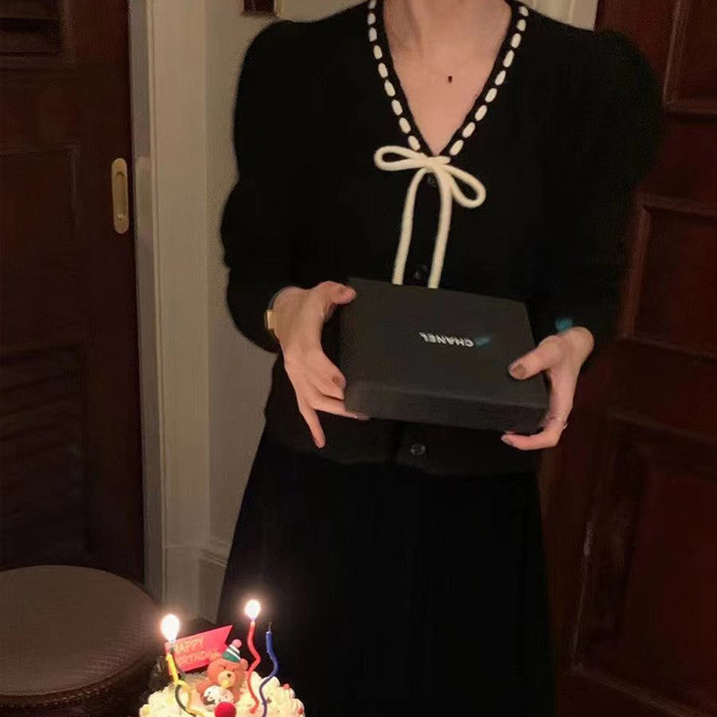 Women's Bow Tied V-neck Loose Long Sleeve Knitted Cardigan Sweater