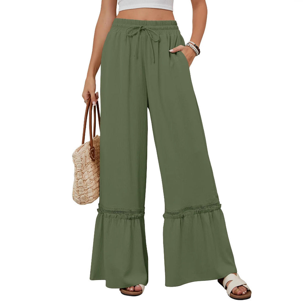 Solid Color High Waist Casual Pants Women's Drawstring Wide Leg Pants