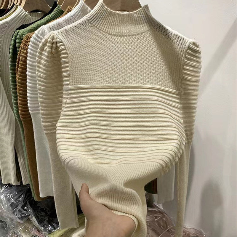 Women's Half Turtleneck Puff Sleeve Knitted Bottoming Shirt