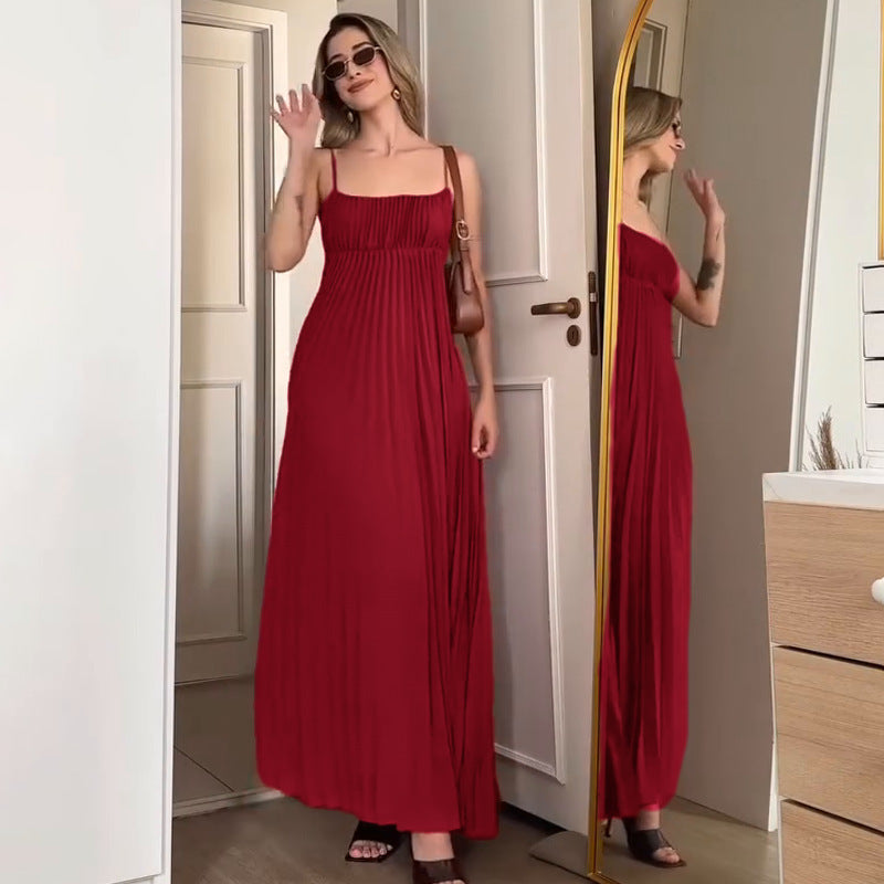 Vacation Spaghetti Straps Pleated Dress
