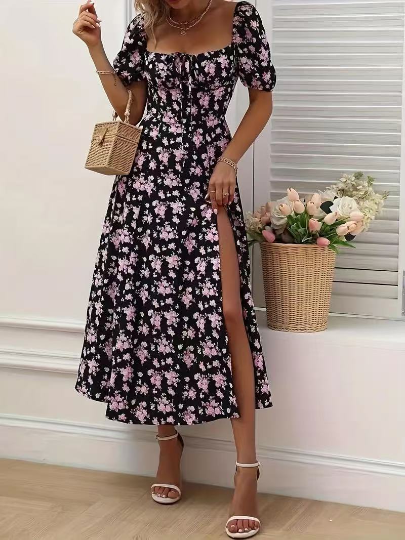 Floral Print Short Sleeve Split Dress