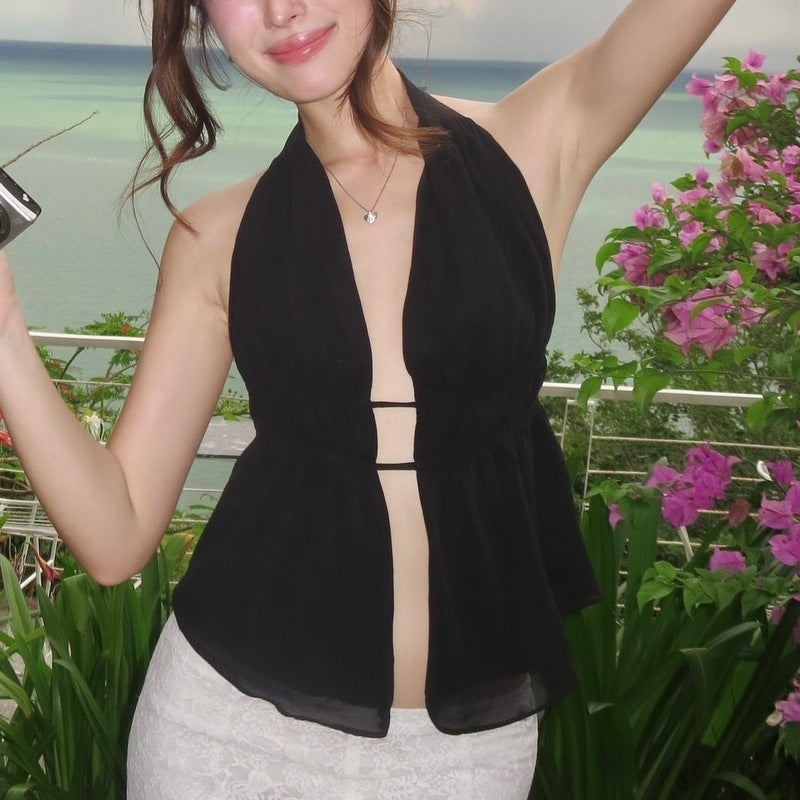 New Fashion Solid Color Lace-up Hollow Slim Halter Top