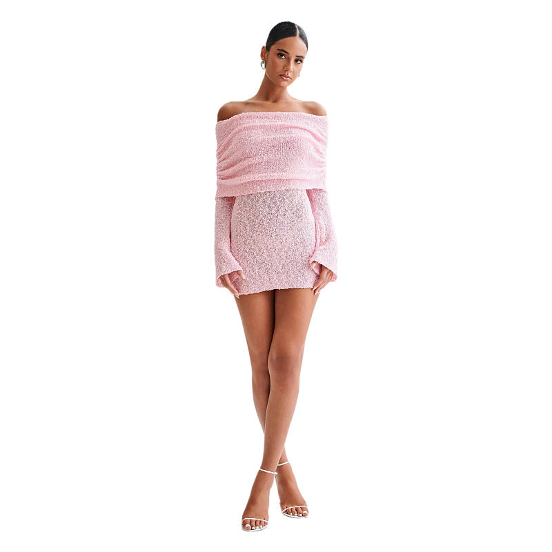 Elegant Women's Knitted Off-Shoulder Bodycon Mini Dress â€?Long Sleeve, Fuzzy, Chic Spring/Summer Party Outfit