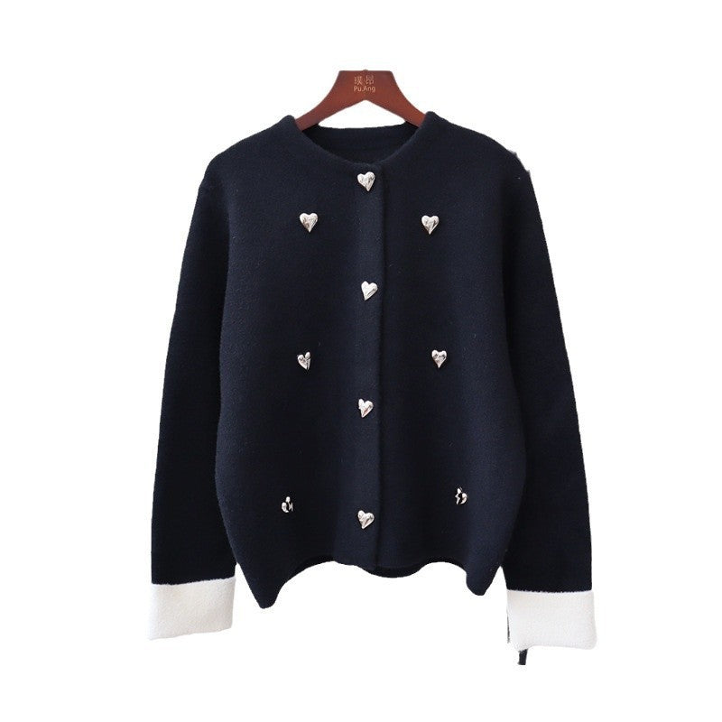 Love Contrast Color Design Knitted Double-faced Woolen Goods Cardigan