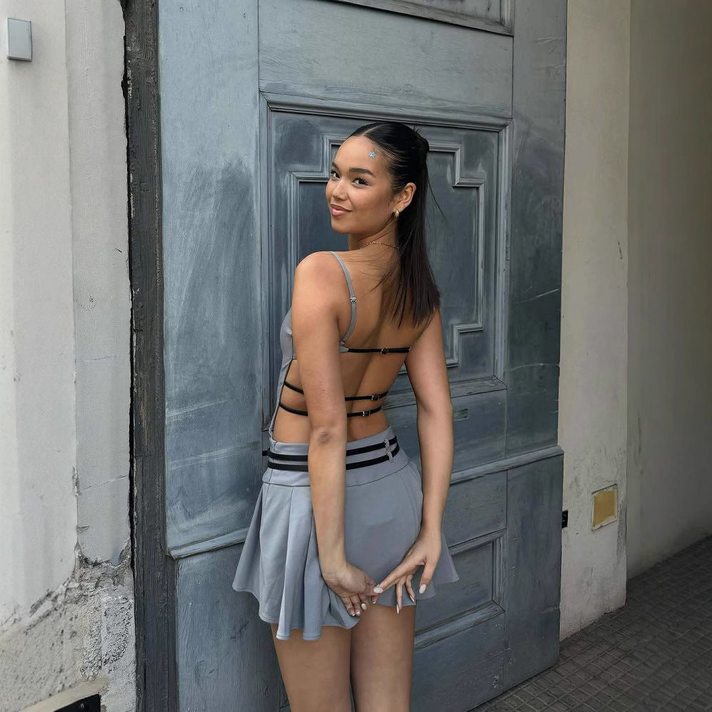 Sexy Sling Backless Belt Pleated Dress