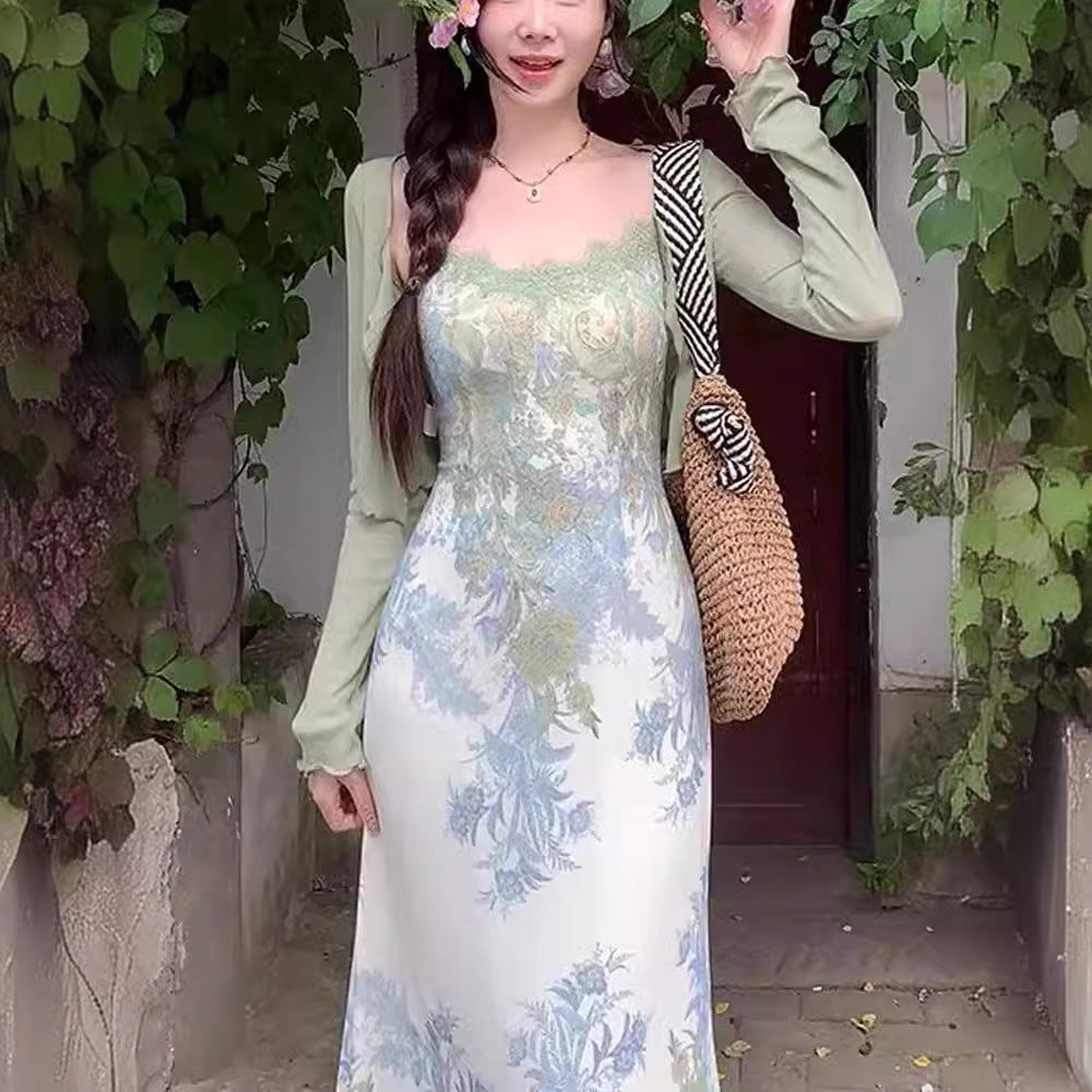 Retro Jacquard Dress Women's Summer Cardigan Suspender Skirt Two-piece Set