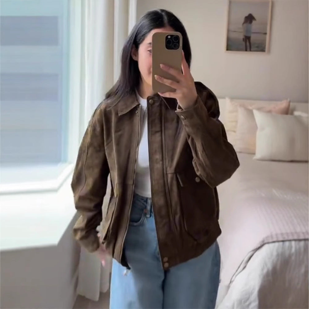 Women's Spring Clothing Personality Retro Suede Fabric Jacket Short Coat
