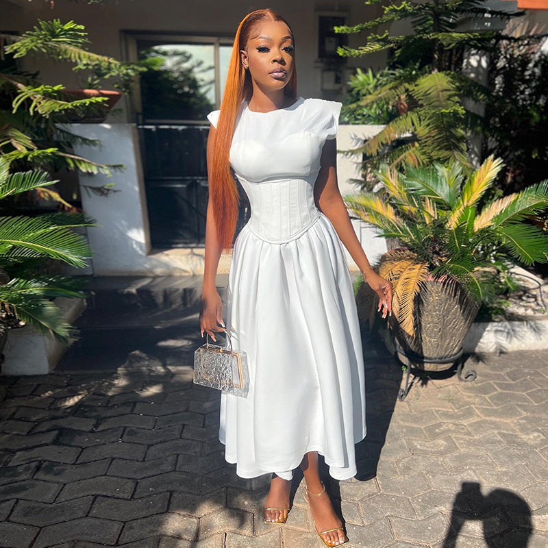 Round Neck Waist Cinched High Waist Fishbone A-line Skirt Dress