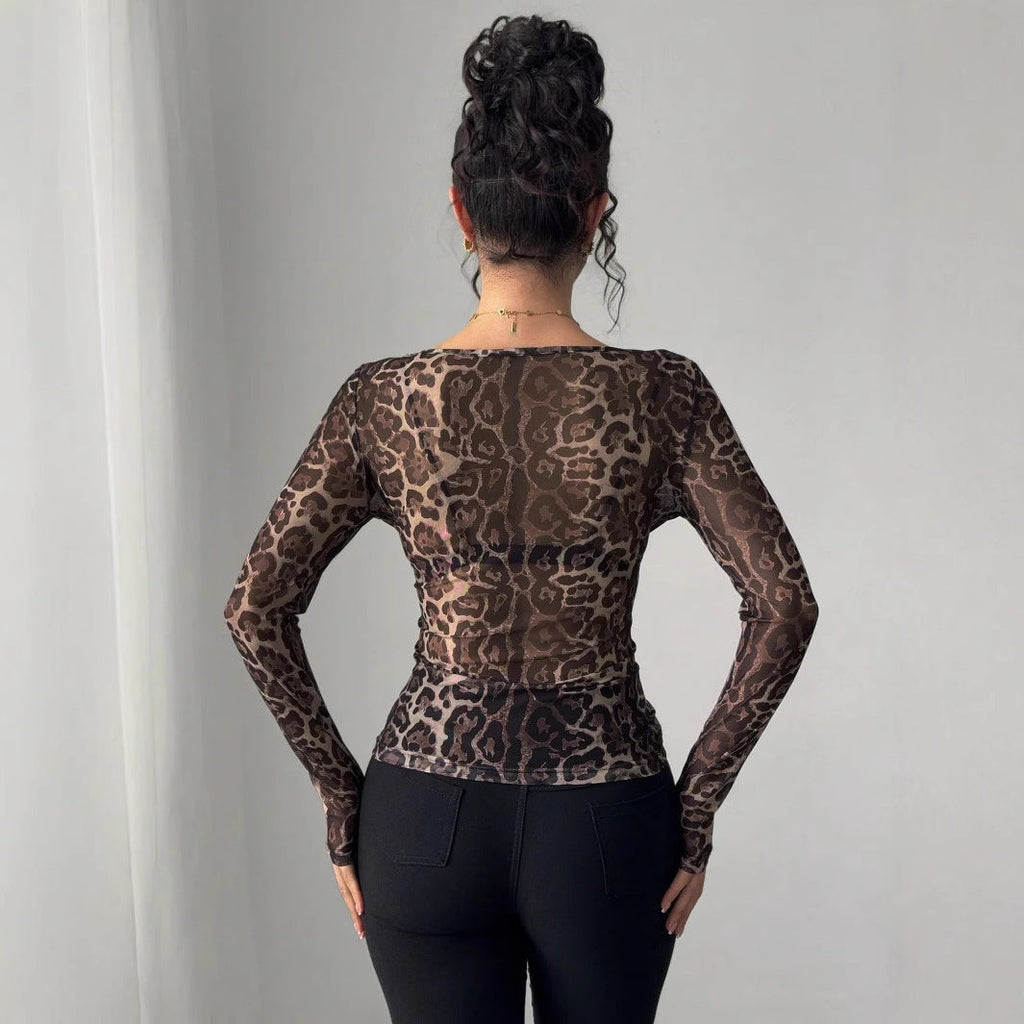 Transparent Leopard Mesh Round Neck Long Sleeved Fitted T-shirt