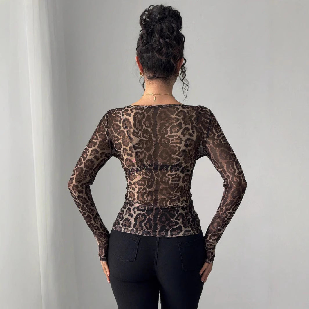 Transparent Leopard Mesh Round Neck Long Sleeved Fitted T-shirt