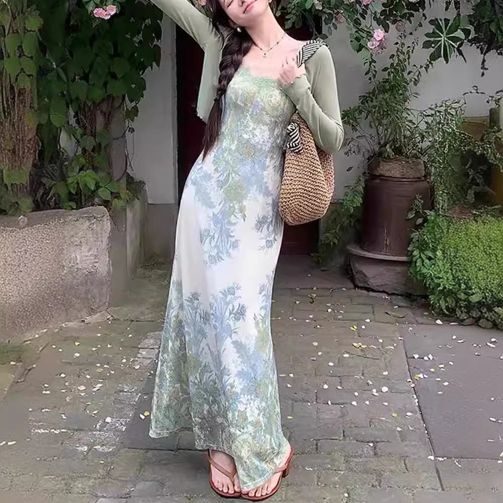 Retro Jacquard Dress Women's Summer Cardigan Suspender Skirt Two-piece Set