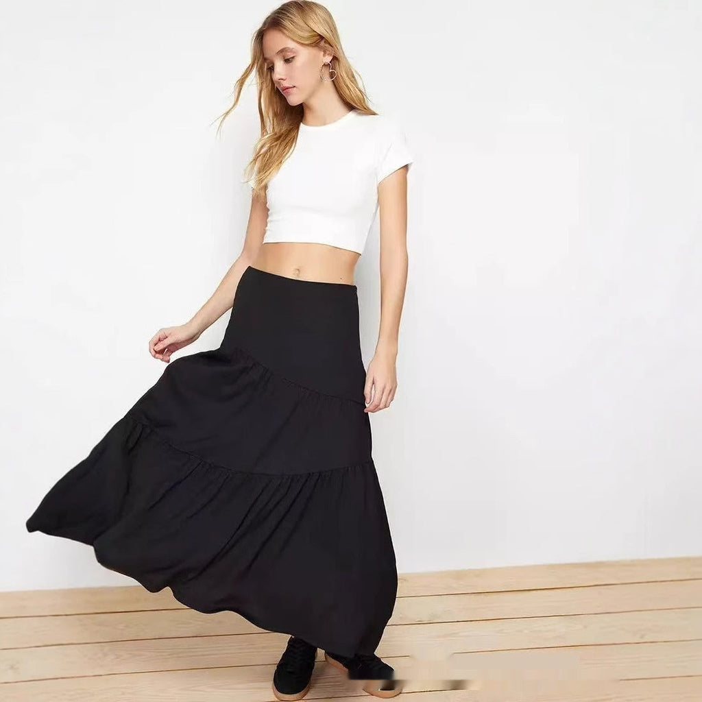 High Waist Elastic Skirt Irregular Pleated A- Line Big Hem Dress