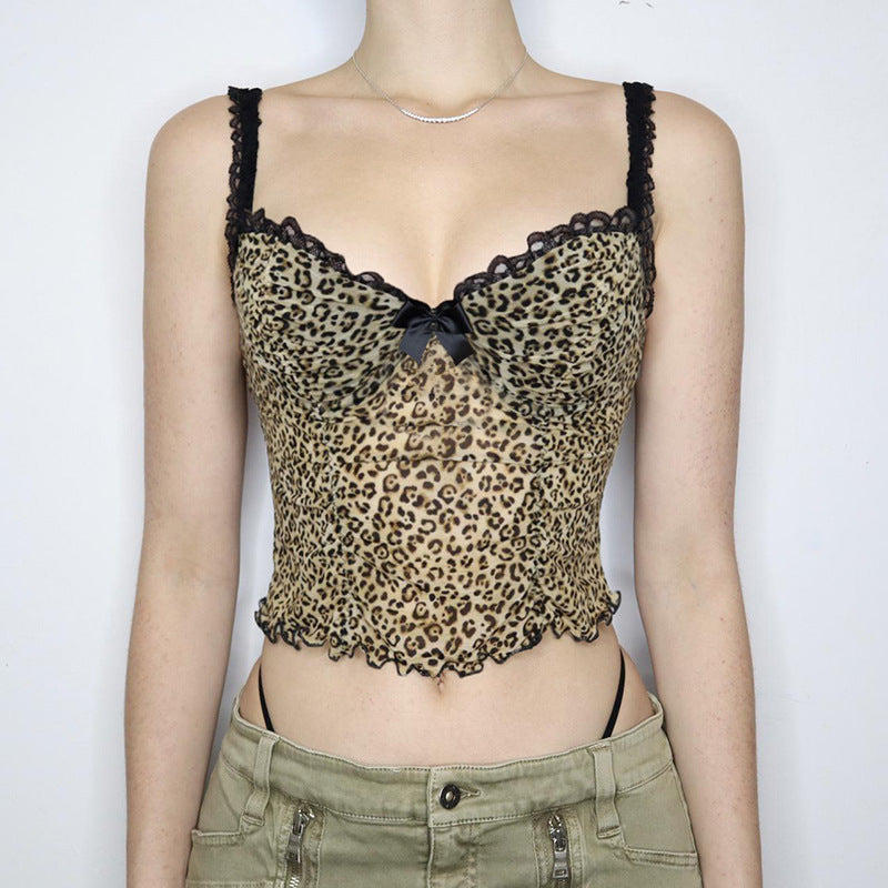Street Style Leopard Bow Lace Splicing Sling