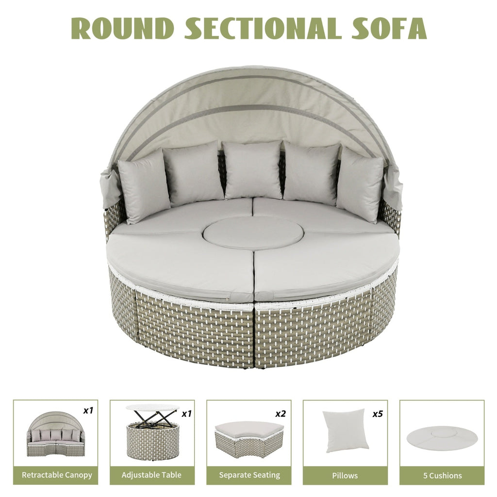 Patio Furniture Round Outdoor Sectional Sofa Set Rattan Daybed Two-Tone Weave Sunbed With Ret