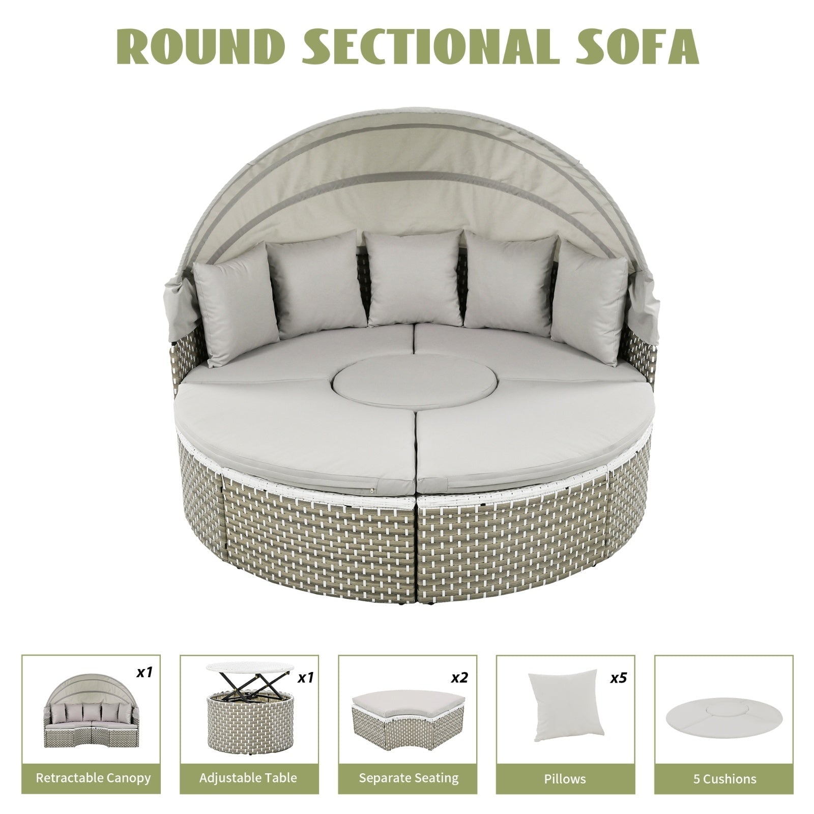 Patio Furniture Round Outdoor Sectional Sofa Set Rattan Daybed Two-Tone Weave Sunbed With Ret
