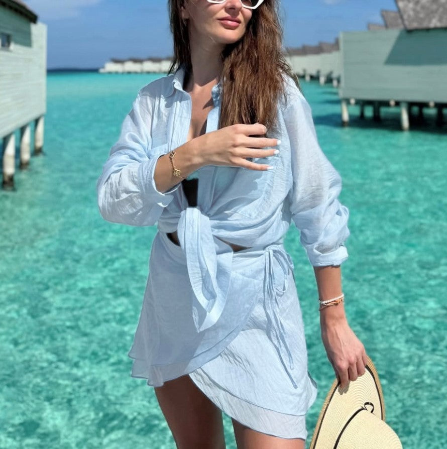 Ladies Beach Sun Protection Shirt Seaside Leisure Vacation Skirt Swimsuit Blouse Shirt Suit